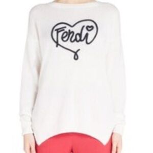 Fendi Women's Cashmere Cream Crew-Neck Sweater with Black Logo 44 AS IS